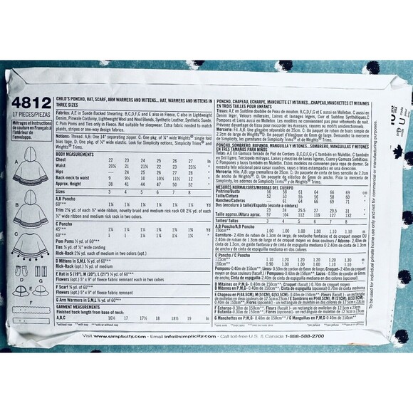 Sewing Pattern Simplicity 4812 Sz 3-8 Childs Poncho Hat Scarf Mittens Uncut 2004 - Picture 2 of 2